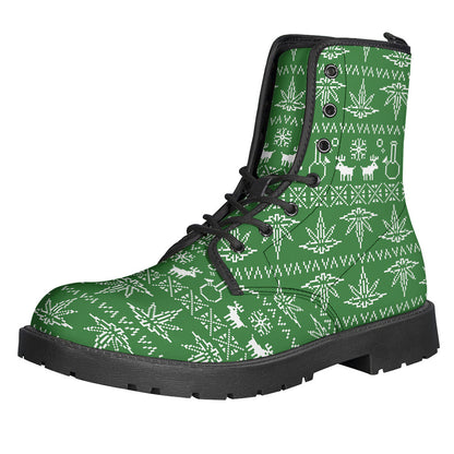 Groovy Christmas Pot Leaf Leather Boots for Free-Spirited Hippies - 1