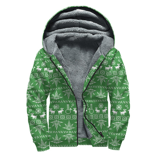 Peace, Love, and Cozy Vibes: Christmas Pot Leaf Pattern Print Sherpa Lined Zip Up Hoodie - 1