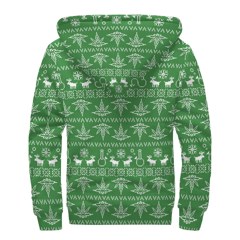 Peace, Love, and Cozy Vibes: Christmas Pot Leaf Pattern Print Sherpa Lined Zip Up Hoodie - 2