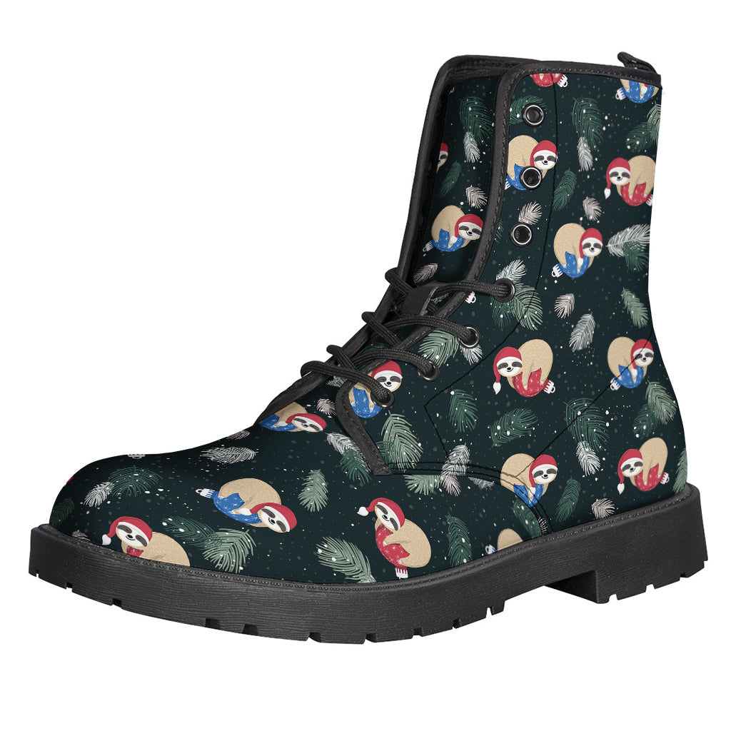 Boho Bliss: Christmas Sloths Print Leather Lightweight Boots for Hippies - 1