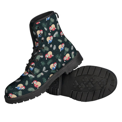 Boho Bliss: Christmas Sloths Print Leather Lightweight Boots for Hippies - 2