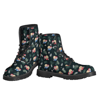 Boho Bliss: Christmas Sloths Print Leather Lightweight Boots for Hippies - 3