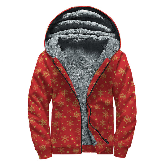 Christmas Snowflakes and Stars Print Sherpa Lined Zip Up Hoodie for Free Spirited Hippies - 1