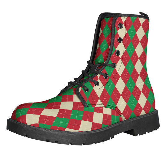 Groovy Vibes: Christmas-Themed Argyle Pattern Leather Boots for Stylish Hippies - 1