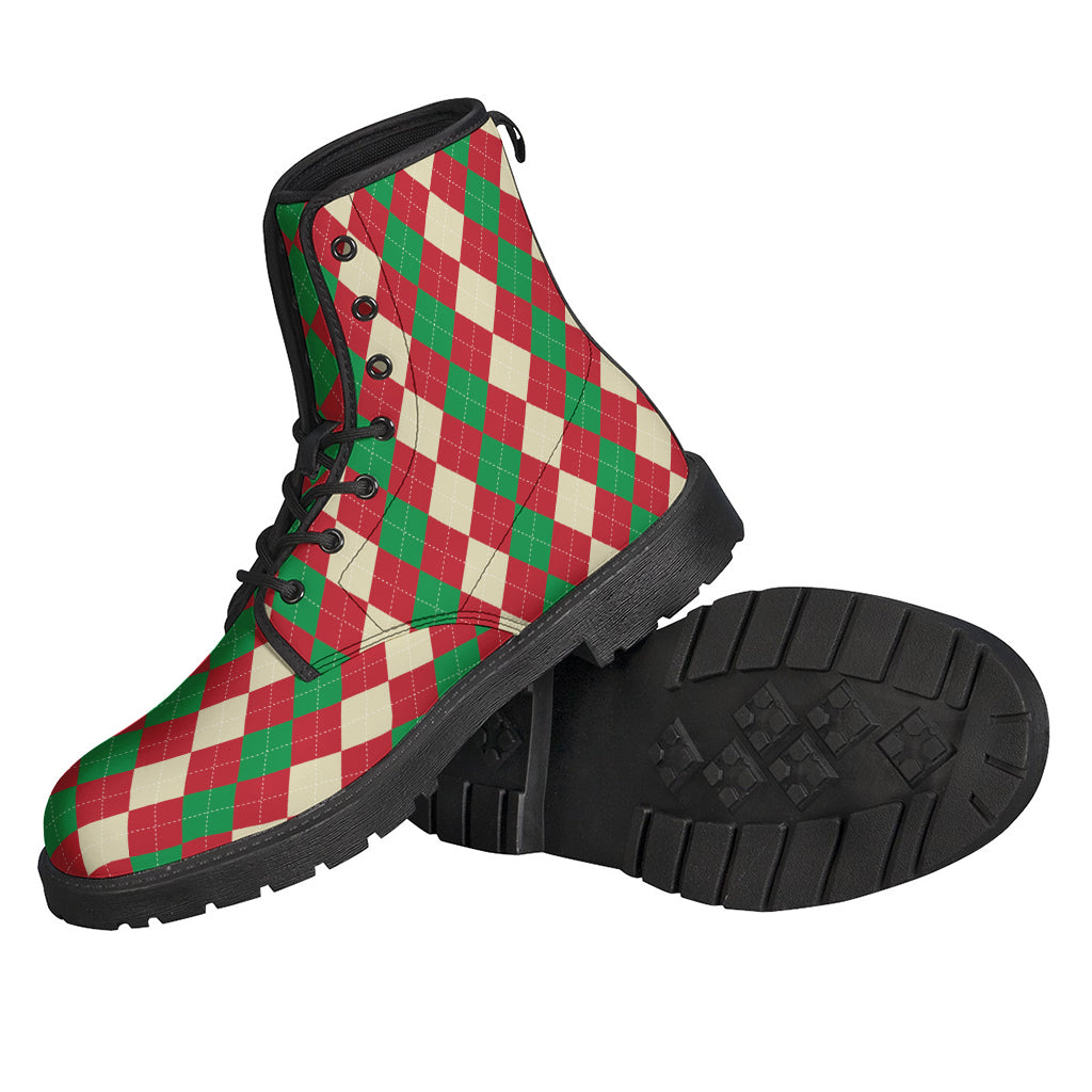 Groovy Vibes: Christmas-Themed Argyle Pattern Leather Boots for Stylish Hippies - 2