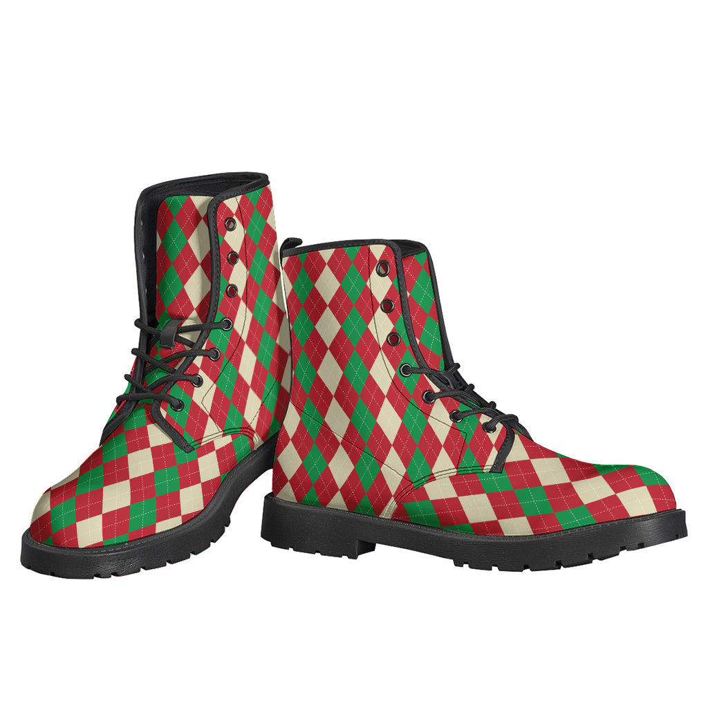 Groovy Vibes: Christmas-Themed Argyle Pattern Leather Boots for Stylish Hippies - 3