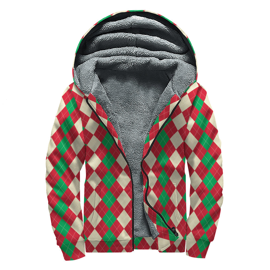 Groovy Christmas Argyle Print Sherpa Lined Zip Up Hoodie - 1