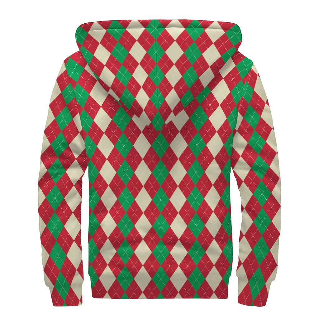 Groovy Christmas Argyle Print Sherpa Lined Zip Up Hoodie - 2