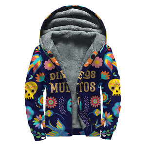 Emerald Blossoms - Cinco de Mayo Day Of The Dead Print Sherpa Lined Zip Up Hoodie For Groovy Hippies