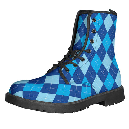 Groovy Vibes: Classic Blue Argyle Leather Lightweight Boots for Hippies - 1