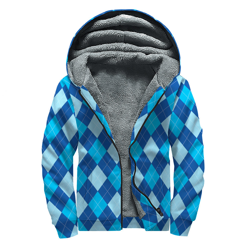 Classic Blue Argyle Pattern Print Sherpa-Lined Zip Up Hoodie for the Free-Spirited Hippie - 1