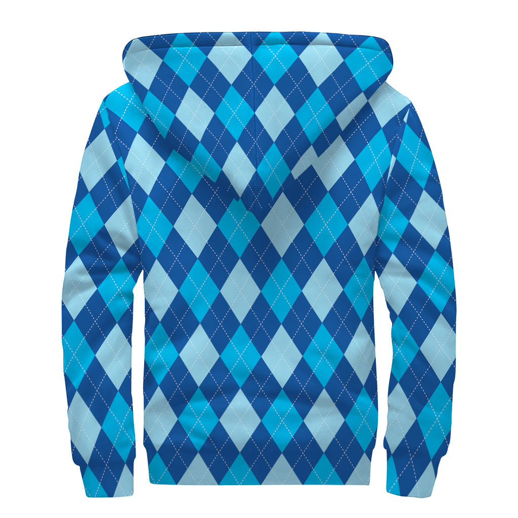 Classic Blue Argyle Pattern Print Sherpa-Lined Zip Up Hoodie for the Free-Spirited Hippie - 2