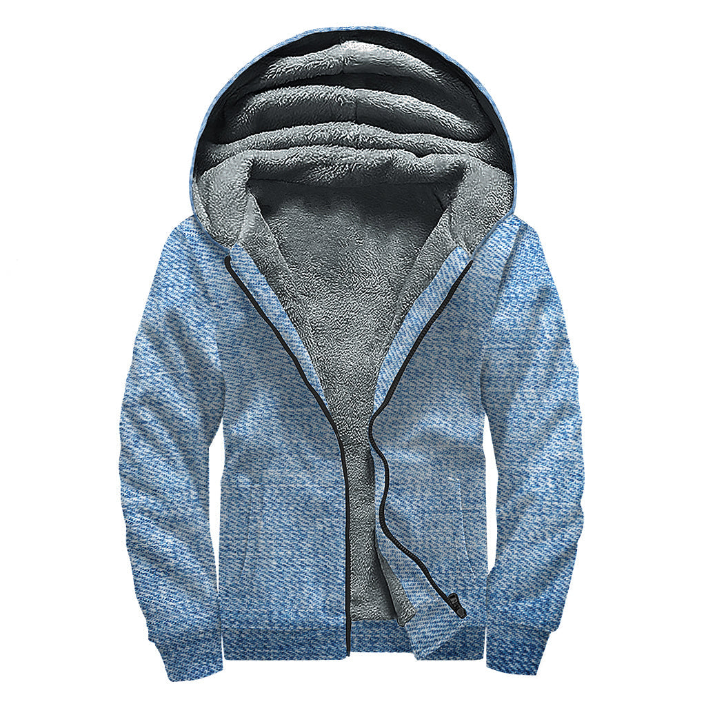 Classic Blue Denim Jeans Print Sherpa Lined Zip Up Hoodie for Hippie Style Enthusiasts - 1