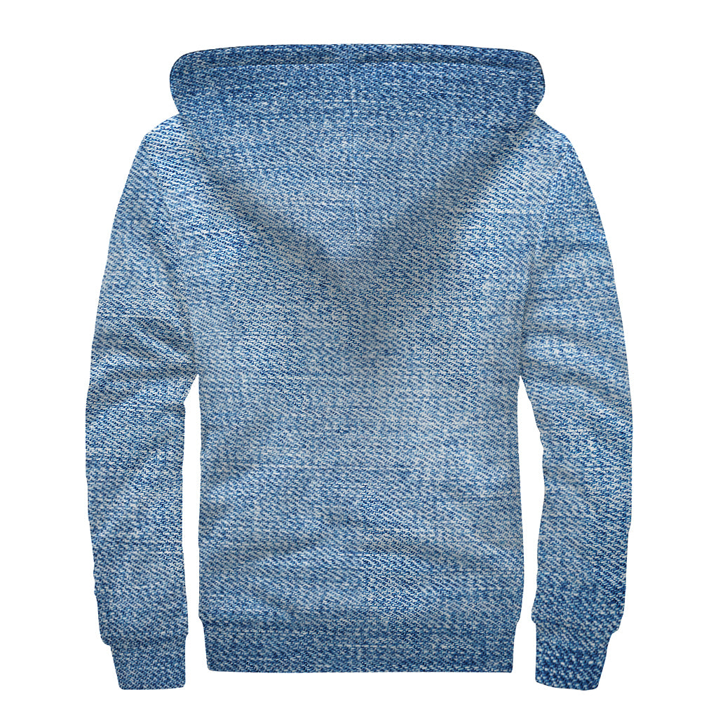 Classic Blue Denim Jeans Print Sherpa Lined Zip Up Hoodie for Hippie Style Enthusiasts - 2