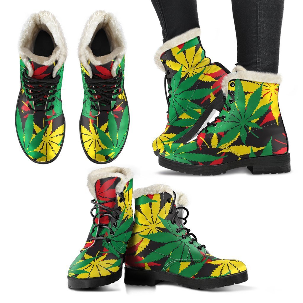 Groovy Hemp Leaves Reggae Faux Fur Leather Boots for Free-Spirited Hippies - 2