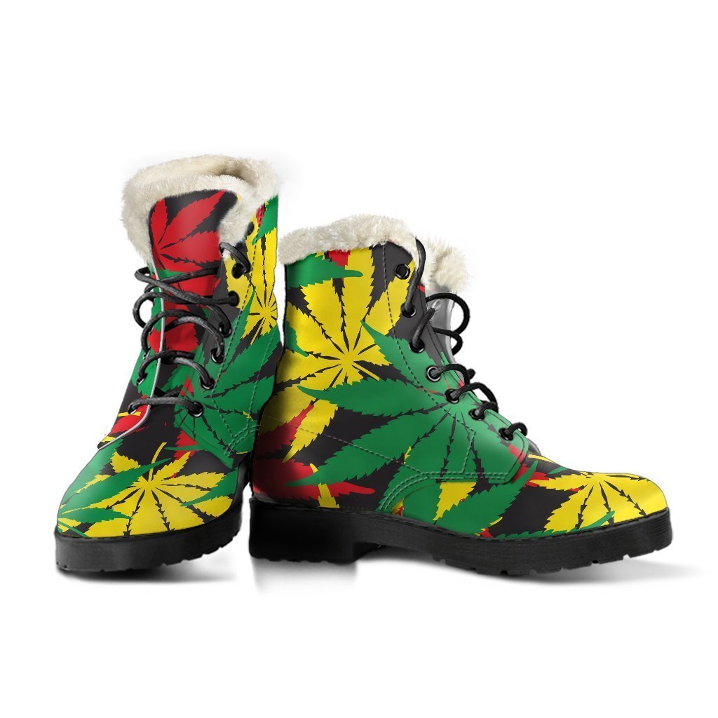 Groovy Hemp Leaves Reggae Faux Fur Leather Boots for Free-Spirited Hippies - 3