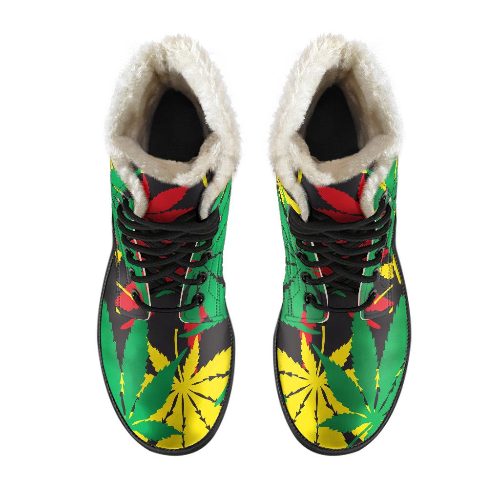 Groovy Hemp Leaves Reggae Faux Fur Leather Boots for Free-Spirited Hippies - 4