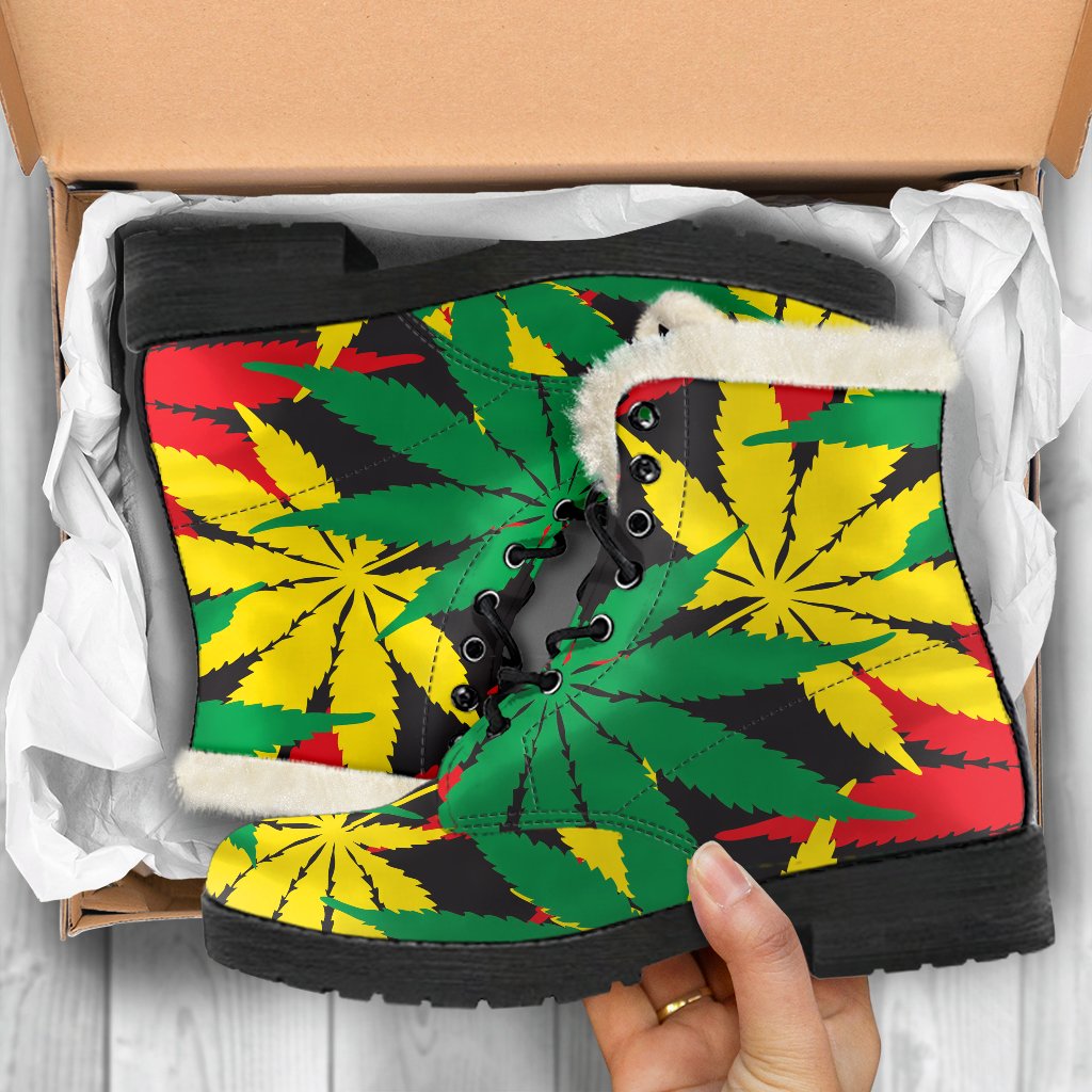 Groovy Hemp Leaves Reggae Faux Fur Leather Boots for Free-Spirited Hippies - 5