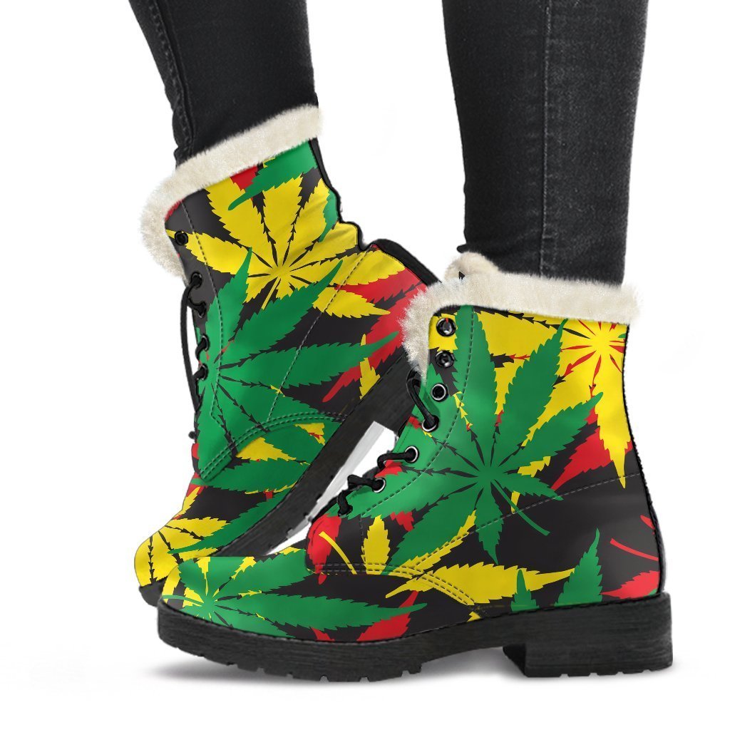 Groovy Hemp Leaves Reggae Faux Fur Leather Boots for Free-Spirited Hippies - 1