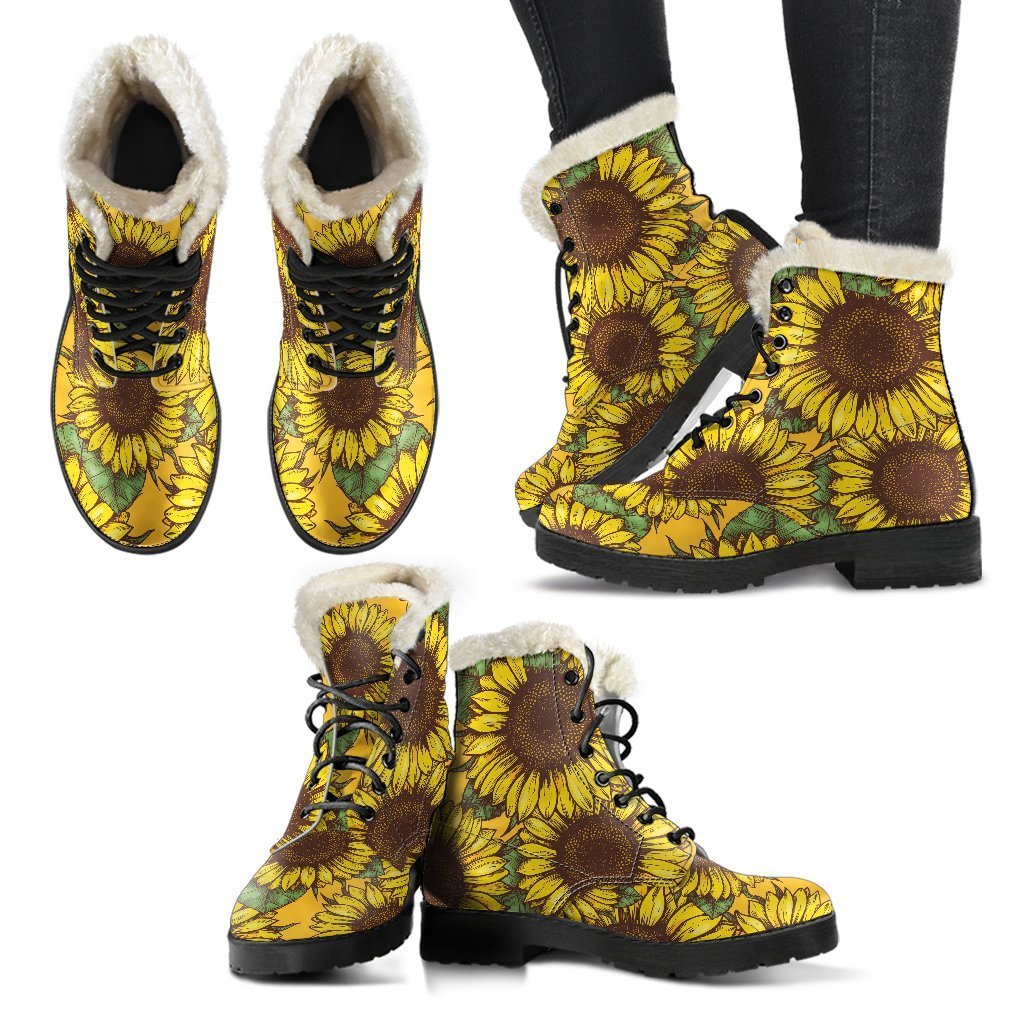 Sunflower Dream: Classic Faux Fur Leather Boots for Stylish Hippies - 2