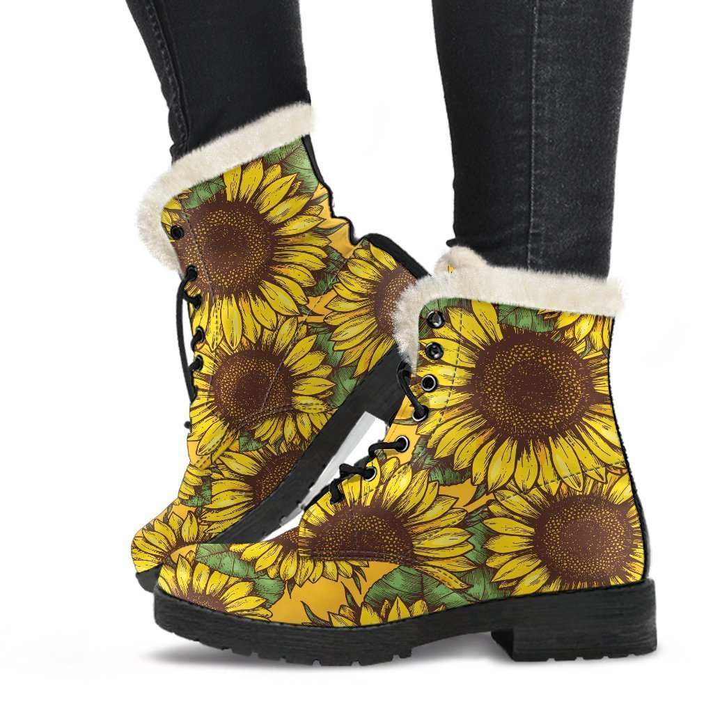 Sunflower Dream: Classic Faux Fur Leather Boots for Stylish Hippies - 1