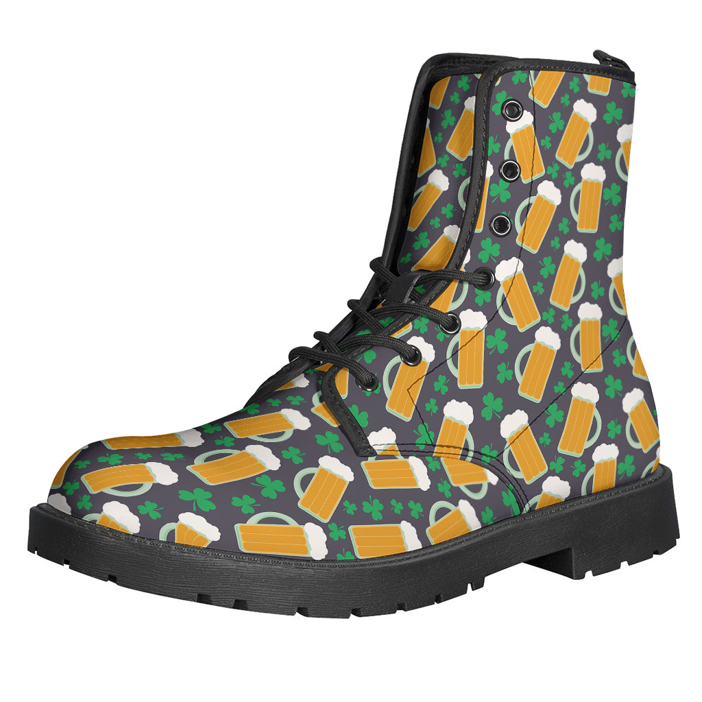 Stylish Hippies Rejoice: Clover and Beer St. Patrick's Day Print Leather Lightweight Boots - 1