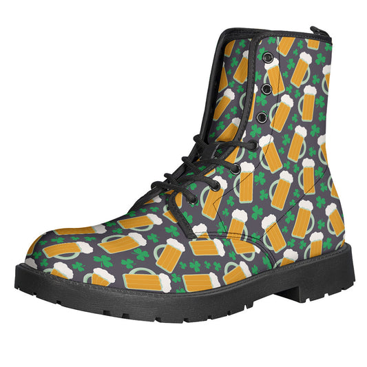 Stylish Hippies Rejoice: Clover and Beer St. Patrick's Day Print Leather Lightweight Boots - 1