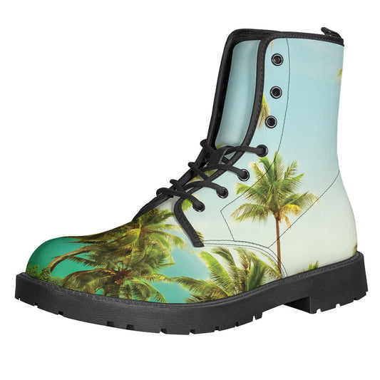 Cool and Casual: Coconut Tree Print Leather Boots for Hippies - 1