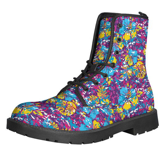 Colorful Aloha Camouflage Flower Print Leather Boots for Stylish Hippies - 1