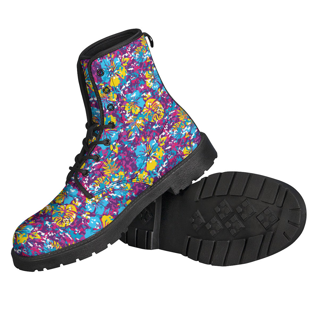 Colorful Aloha Camouflage Flower Print Leather Boots for Stylish Hippies - 2