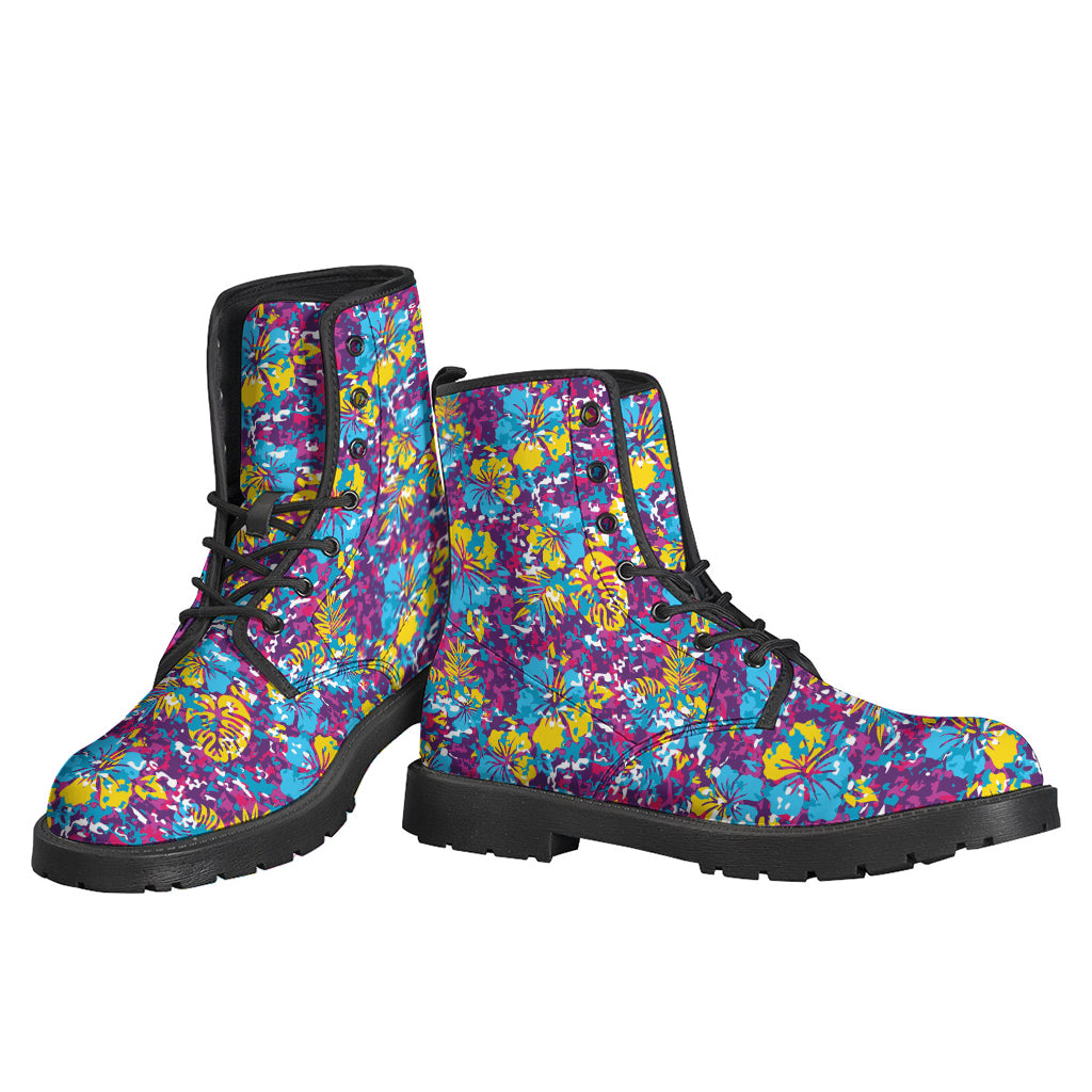 Colorful Aloha Camouflage Flower Print Leather Boots for Stylish Hippies - 3