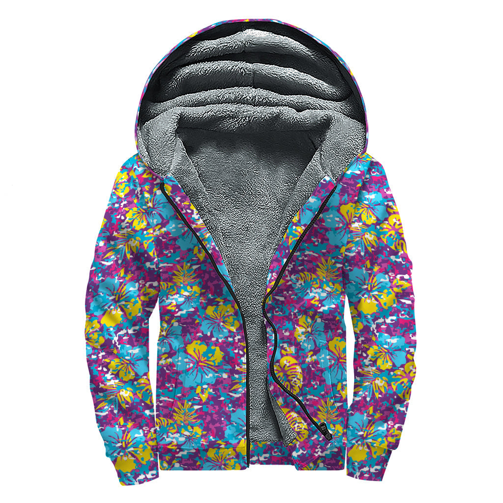 Colorful Aloha Camouflage Flower Print Hippie Sherpa-Lined Zip Up Hoodie - 1