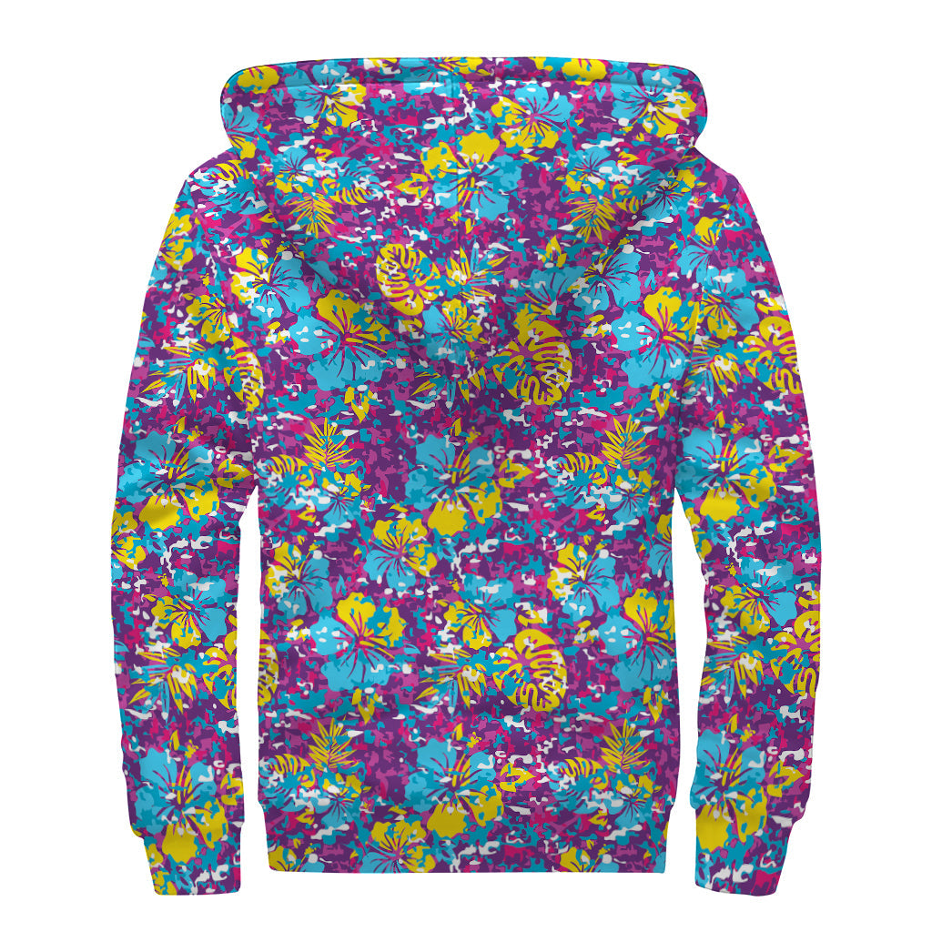 Colorful Aloha Camouflage Flower Print Hippie Sherpa-Lined Zip Up Hoodie - 2