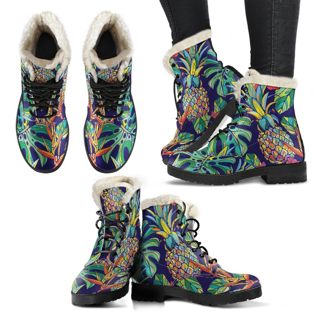 Colorful Aloha Pineapple Faux Fur Leather Boots for the Groovy Hippie Soul - 2