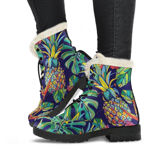 Colorful Aloha Pineapple Faux Fur Leather Boots for the Groovy Hippie Soul - 1