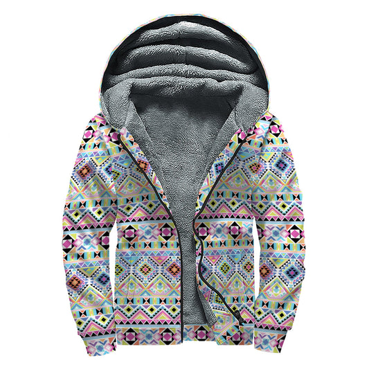 Colorful Aztec Geometric Pattern Sherpa Lined Zip Up Hoodie - 1