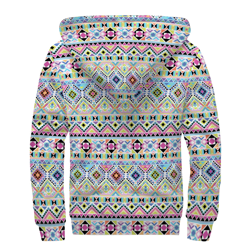 Colorful Aztec Geometric Pattern Sherpa Lined Zip Up Hoodie - 2