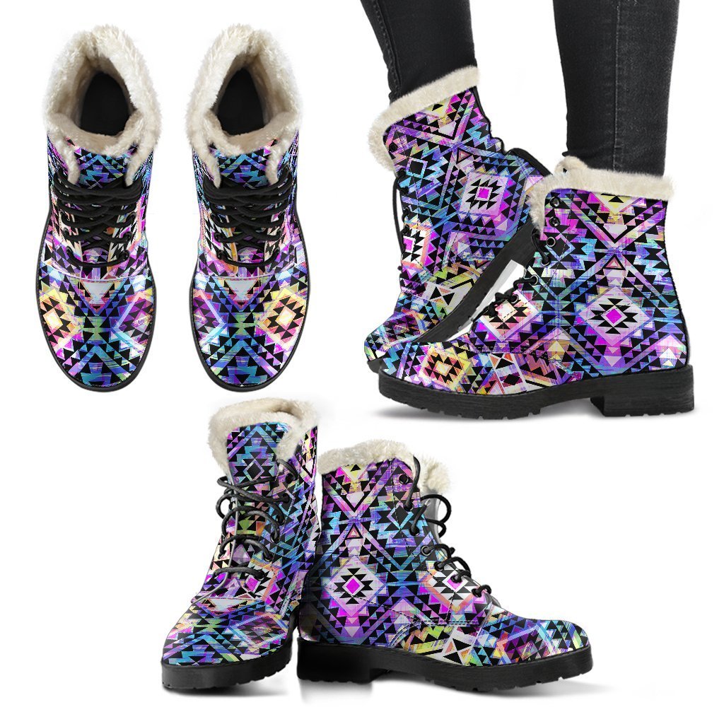 Boho Chic: Colorful Aztec Pattern Faux Fur Leather Boots for Free-Spirited Hippies - 2