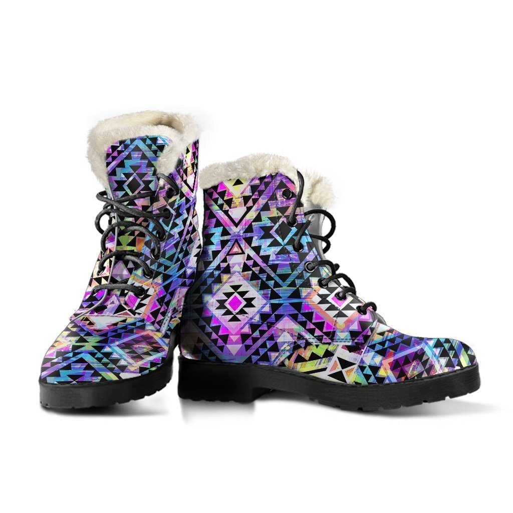 Boho Chic: Colorful Aztec Pattern Faux Fur Leather Boots for Free-Spirited Hippies - 3