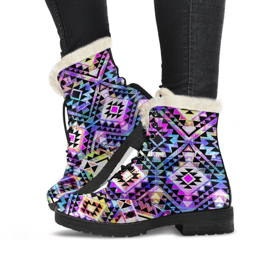 Boho Chic: Colorful Aztec Pattern Faux Fur Leather Boots for Free-Spirited Hippies - 1