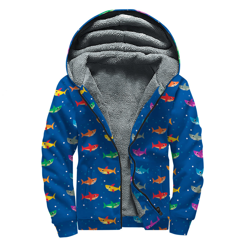 Colorful Baby Sharks Pattern Print Sherpa Lined Zip Up Hoodie for Groovy Hippies - 1