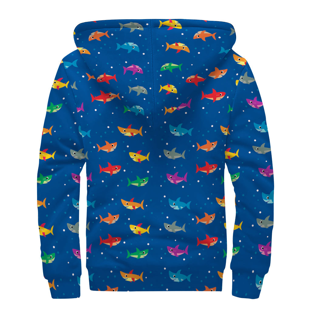 Colorful Baby Sharks Pattern Print Sherpa Lined Zip Up Hoodie for Groovy Hippies - 2