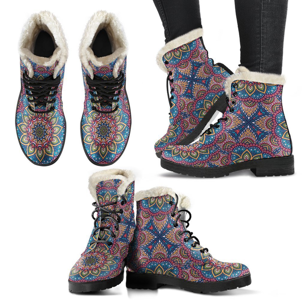 Colorful Bohemian Mandala Pattern Faux Fur Leather Boots: Embrace Your Inner Hippie Style - 2