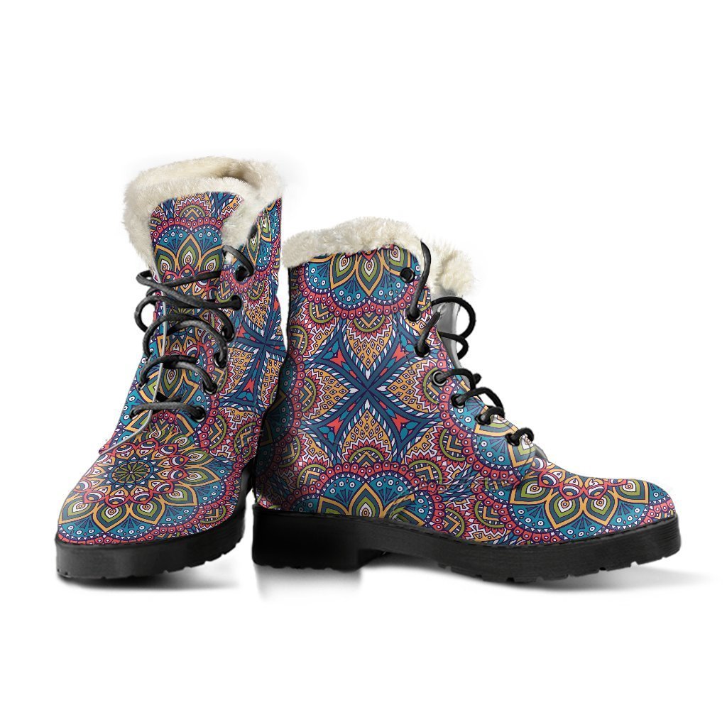 Colorful Bohemian Mandala Pattern Faux Fur Leather Boots: Embrace Your Inner Hippie Style - 3