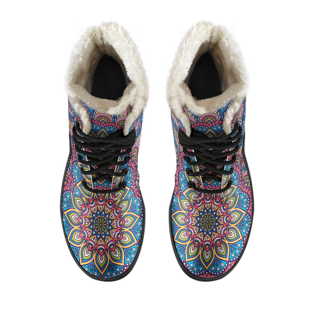 Colorful Bohemian Mandala Pattern Faux Fur Leather Boots: Embrace Your Inner Hippie Style - 4