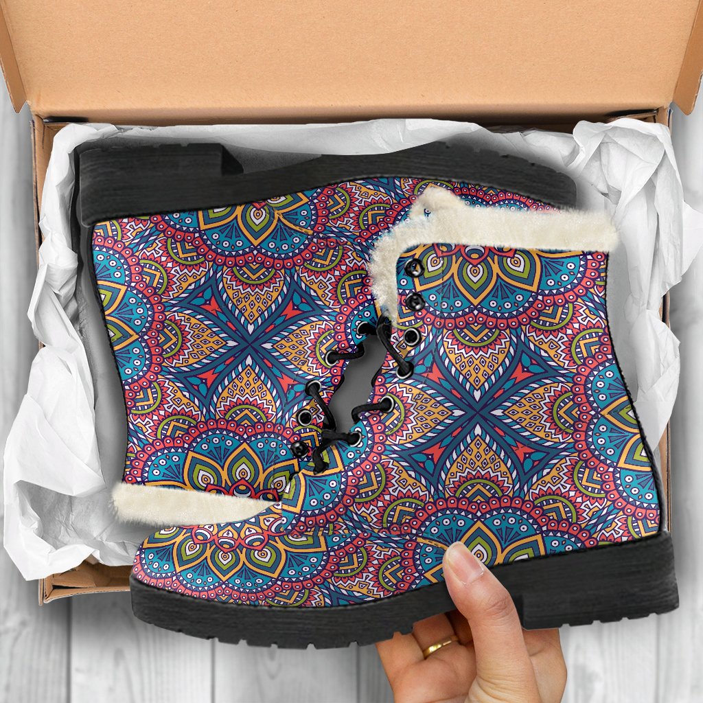 Colorful Bohemian Mandala Pattern Faux Fur Leather Boots: Embrace Your Inner Hippie Style - 5