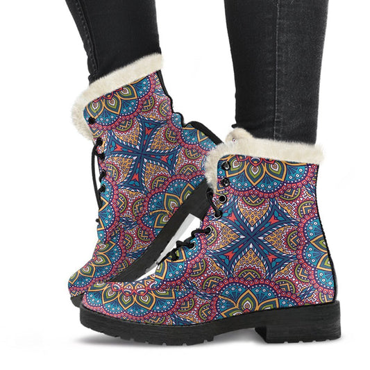 Colorful Bohemian Mandala Pattern Faux Fur Leather Boots: Embrace Your Inner Hippie Style - 1