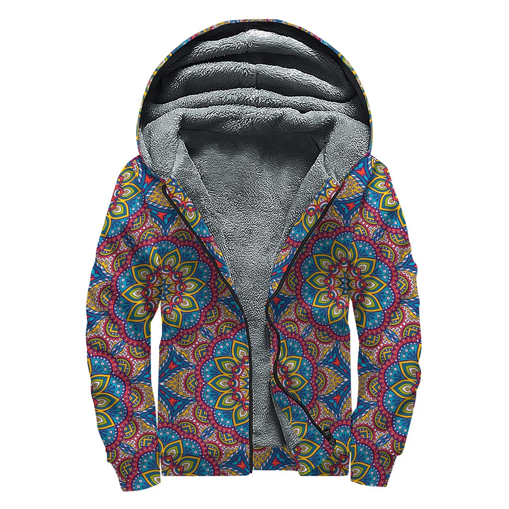 Colorful Bohemian Mandala Pattern Sherpa Lined Zip Up Hoodie for Free Spirited Hippies - 1