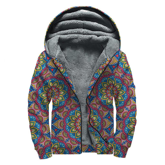 Colorful Bohemian Mandala Pattern Sherpa Lined Zip Up Hoodie for Free Spirited Hippies - 1