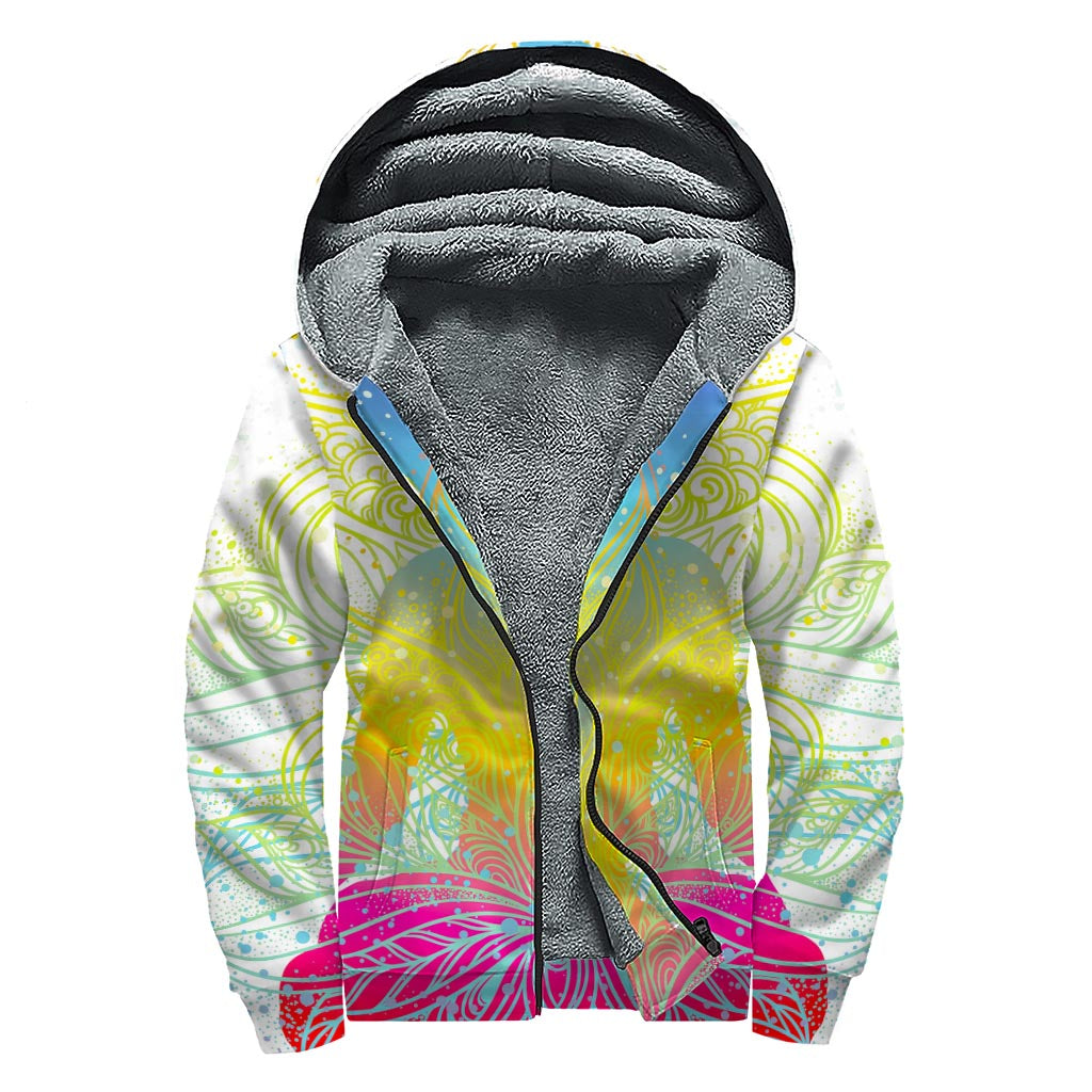 Colorful Buddha Lotus Print Sherpa Lined Zip Up Hoodie for Groovy Hippies - 1